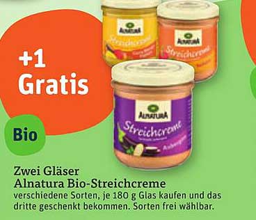Zwei Gläser Alnatura Bio-Streichcreme kaufen, das dritte gratis!