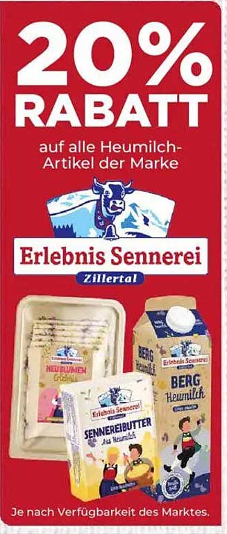 20% Rabatt auf alle Heumilch-Artikel der Marke Erlebnis Senneerei Zillertal