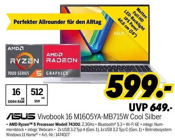 ASUS Vivobook 16 M1605YA-MB715W Cool Silber