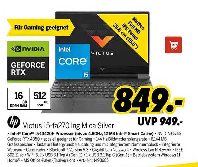 HP Victus 15-fa2701ng Mica Silver - Für Gaming geeignet