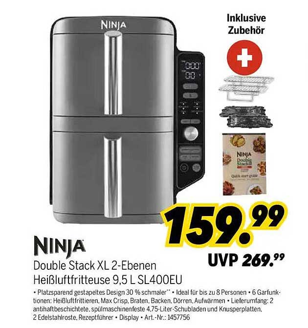 NINJA Double Stack XL 2-Ebenen Heißluftfritteuse 9,5 L SL400EU