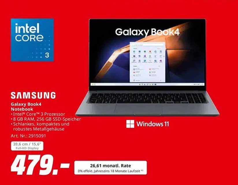 Samsung Galaxy Book4 Notebook - Intel Core™ 3, 8 GB RAM, 256 GB SSD