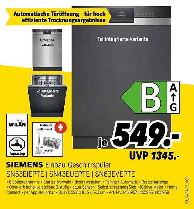 SIEMENS Einbau-Geschirrspüler SN53EIPTE | SN43EUEPTE | SN63EVEPT