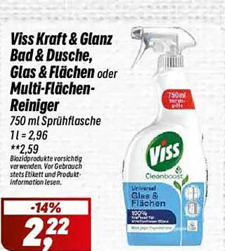 Viss Kraft & Glanz Bad & Dusche, Glas & Flächen oder Multi-Flächen-Reiniger 750 ml Sprühflasche