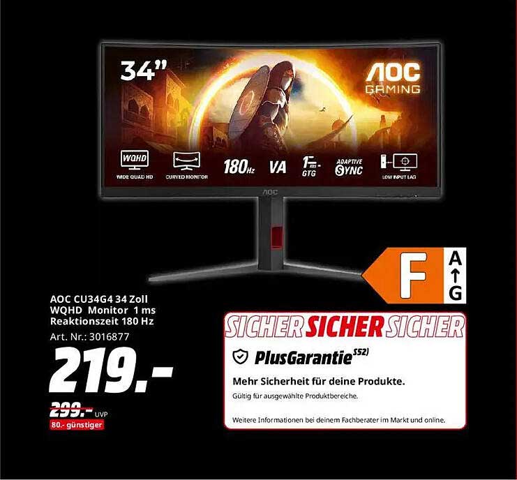 Aoc Cu34G4 34 Zoll Wqhd Monitor Mit 1 Ms Reaktionszeit Und 180 Hz ...
