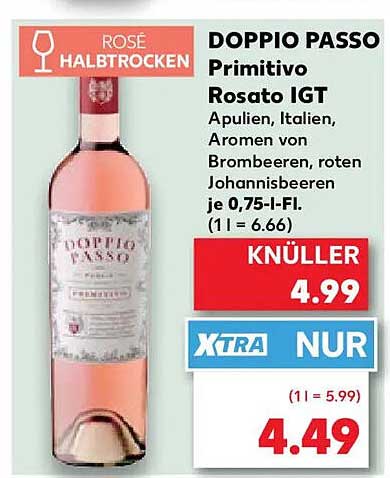 DOPPIO PASSO Primitivo Rosato IGT Apulien, Italien, Aromen von Brombeeren, roten Johannisbeeren je 0,75-I-Fl.