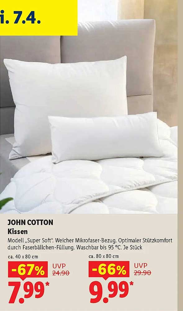 JOHN COTTON Kissen Modell „Super Soft“. Weicher Mikrofasermantel. Optimaler Stützkomfort durch Faserbällchen-Füllung. Waschbar bis 95 °C. Je Stück