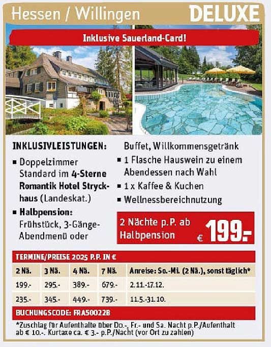 2 Nächte im 4-Sterne Romantik Hotel Stryckhaus in Willingen ab 199 € inklusive Sauerland-Card