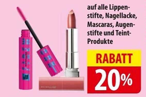 20% Rabatt auf alle Lippenstifte, Nagellacke, Mascaras, Augenstifte und Teint-Produkte