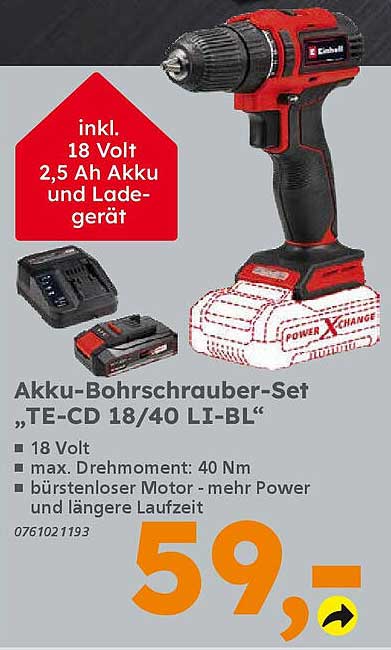 Akku-Bohrschrauber-Set „TE-CD 18/40 LI-BL“