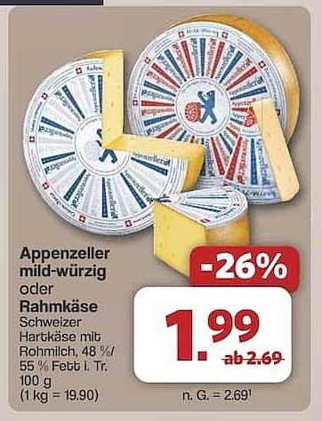 Appenzeller mild-würzig oder Rahmkäse - Schweizer Hartkäse mit Rohmilch