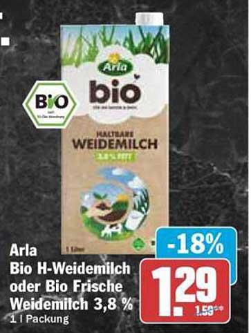 Arla Bio H-Weidemilch oder Bio Frische Weidemilch 3,8 %