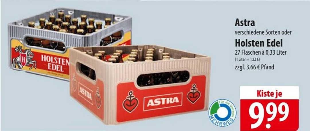 Astra verschiedene Sorten oder Holsten Edel 27 Flaschen à 0,33 Liter