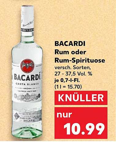 BACARDI Rum oder Rum-Spirituosen, verschiedene Sorten, 0,7 l für nur 10,99 €