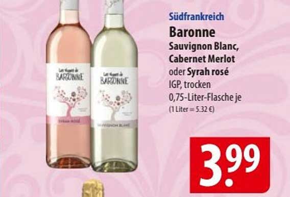 Baronne Sauvignon Blanc, Cabernet Merlot oder Syrah Rosé - IGP, trocken 0,75-Liter-Flasche