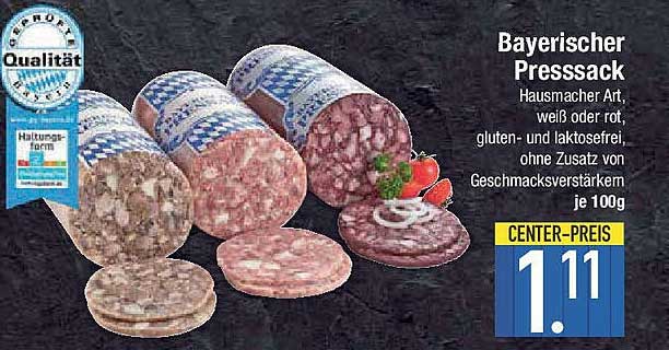 Bayerischer Presssack Hausmacher Art, weiß oder rot, gluten- und laktosefrei, ohne Zusatz von Geschmacksverstärkern