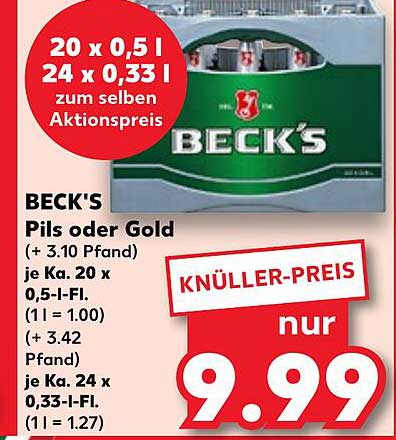 BECK'S Pils oder Gold - 20 x 0,5 l oder 24 x 0,33 l