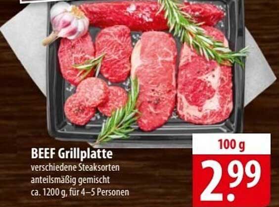 BEEF Grillplatte - verschiedene Steakarten anteilsmäßig gemischt, ca. 1200 g, für 4-5 Personen