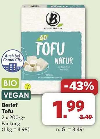 BIO Tofu Natur 2 x 200-g-Packung für nur 1,99 € (anstatt 3,49 €)