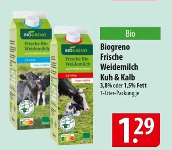 Biogreno Frische Weidemilch Kuh & Kalb 1-Liter-Packung