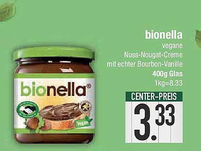 bionella vegane Nuss-Nougat-Creme mit echter Bourbon-Vanille 400g Glas