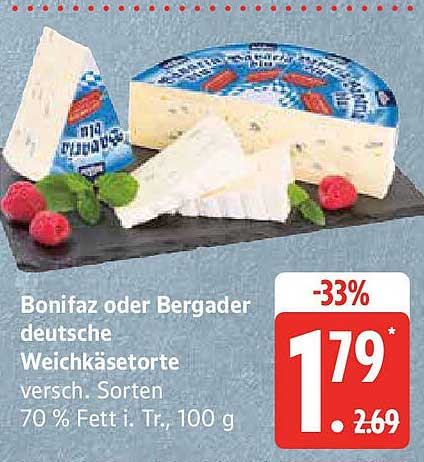 Bonifaz oder Bergader deutsche Weichkäseorte, versch. Sorten, 70 % Fett i. Tr., 100 g
