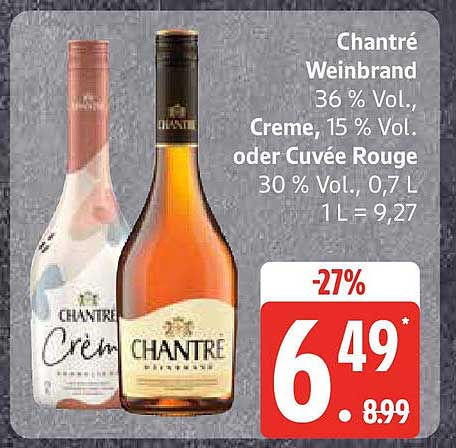 Chantré Weinbrand 36 % Vol., Creme 15 % Vol. oder Cuvée Rouge 30 % Vol., 0,7 L