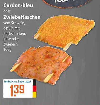Cordon-bleu oder Zwiebeltaschen vom Schwein, gefüllt mit Kochschinken, Käse oder Zwiebeln 100g