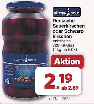 Deutsche Sauerkirschen oder Schwarz-Kirschen Küsten Gold, 720-ml-Glas