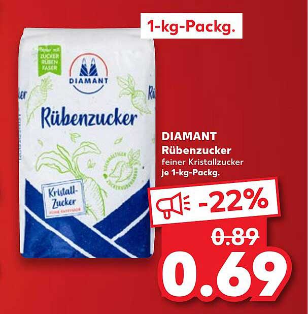 DIAMANT Rübenzucker feiner Kristallzucker je 1-kg-Pack.