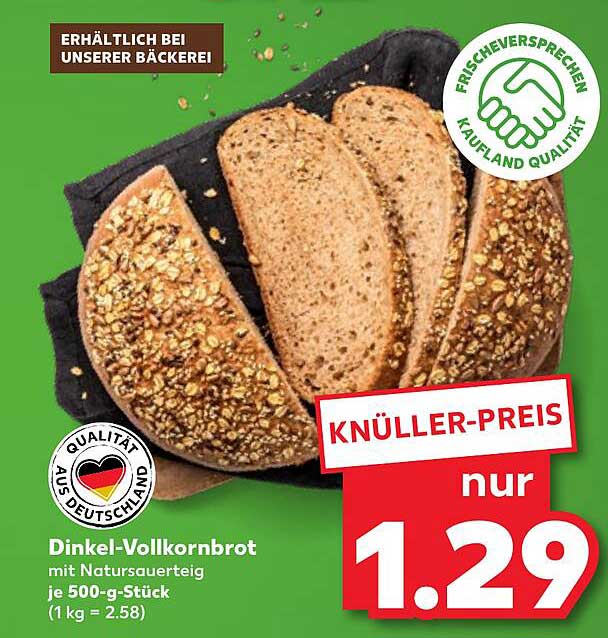 Dinkel-Vollkornbrot mit Natursauerteig je 500-g-Stück (1 kg = 2,58)