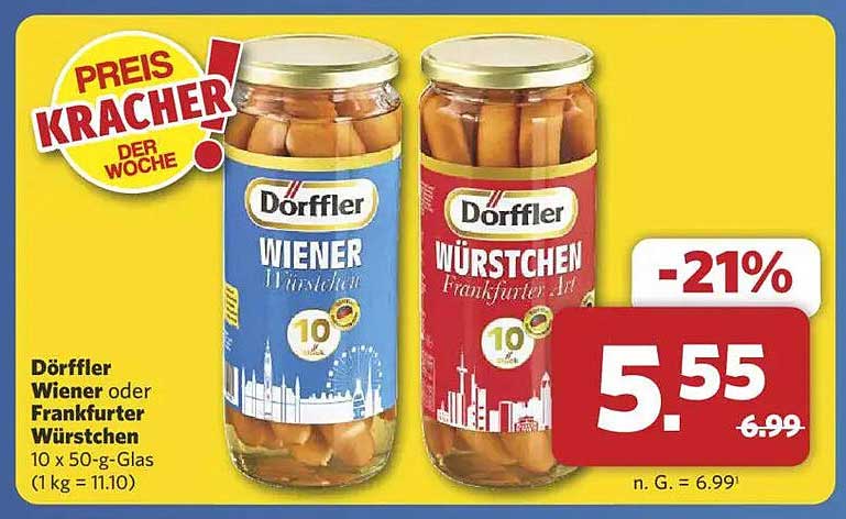 Dörffler Wiener oder Frankfurter Würstchen 10 x 50-g-Glas