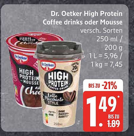 Dr. Oetker High Protein Coffee drinks oder Mousse, verschiedene Sorten