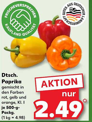 Dt. Paprika gemischt in den Farben rot, gelb und orange, Kl. I je 500-g-Pack.