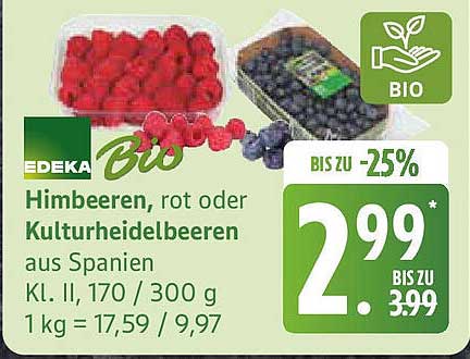 EDEKA Bio Himbeeren, rot oder Kulturheidelbeeren aus Spanien