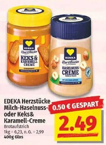 EDEKA Herzstücke Milch-Haselnuss- oder Keks&Karamell-Creme 400g Glas