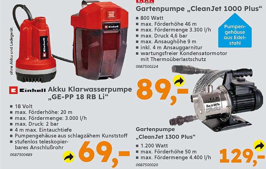 Einhell Akku Klarwassserpumpe „GE-PP 18 RB Li“