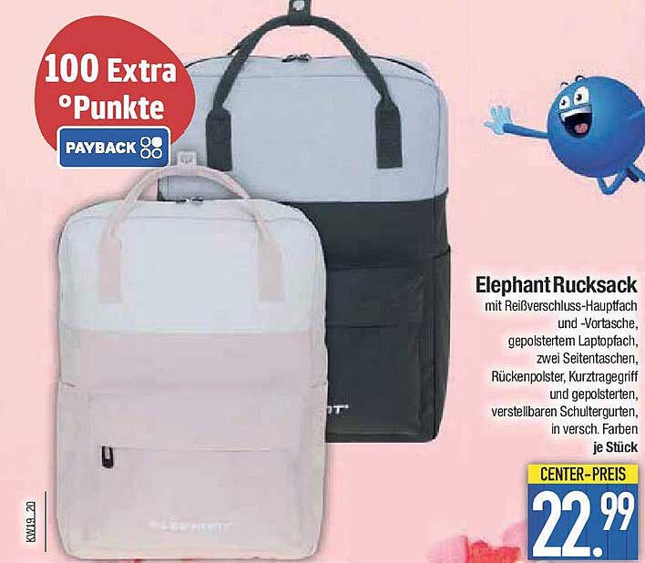 Elephant Rucksack mit Reißverschluss-Hauptfach und -Vortasche