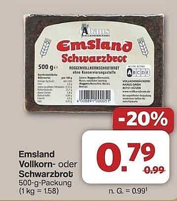 Emsland Vollkorn- oder Schwarzbrot 500-g-Packung