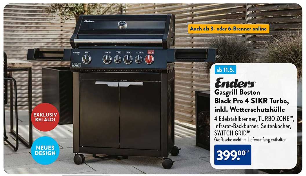 Enders Gasgrill Boston Black Pro 4 SIKR Turbo, inkl. Wetterschutzhülle