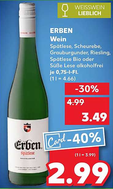 ERBEN Wein Spätlese, Scheurebe, Grauburgunder, Riesling, Spätlese Bio oder Süße Lese alkoholfrei 0,75-l-Fl.