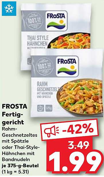 FROSTA Fertiggericht Rahm-Geschnetzeltes mit Spätzle oder Thai-Style-Hähnchen mit Bandnudeln 375-g-Beutel