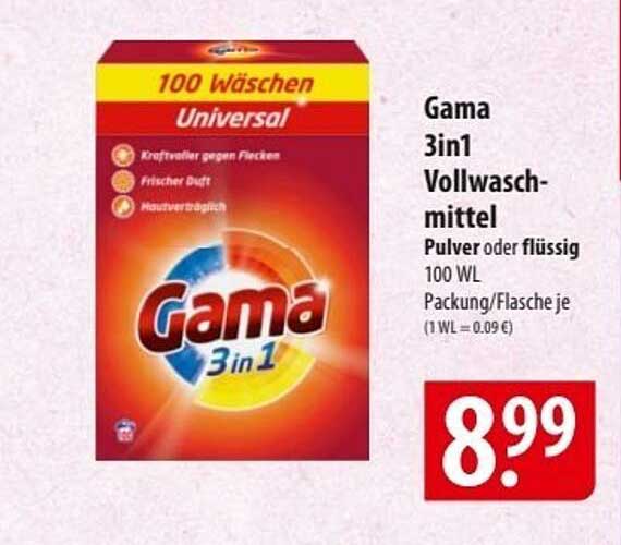 Gama 3in1 Vollwaschmittel Pulver oder flüssig 100 WL