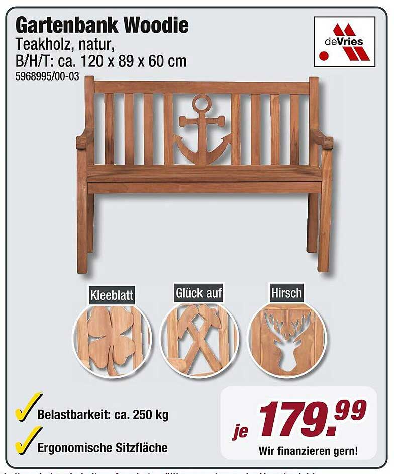 Gartenbank Woodie - Teakholz, natur, B/H/T: ca. 120 x 89 x 60 cm