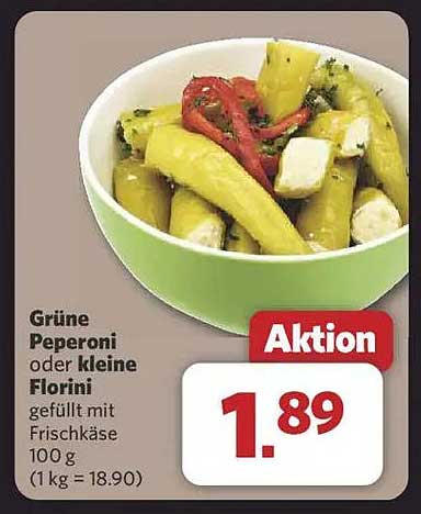 Grüne Peperoni oder kleine Florini gefüllt mit Frischkäse 100 g