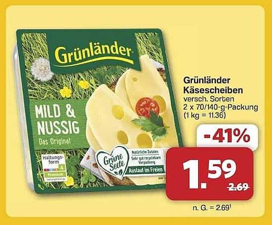 Grünländer Käse­scheiben versch. Sorten 2 x 70/140-g-Packung