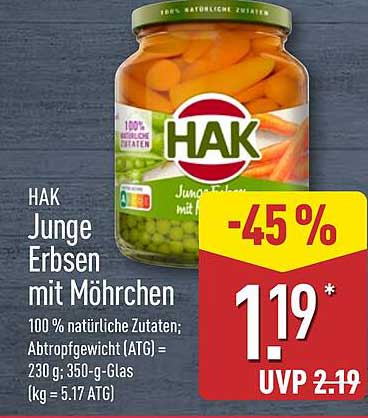 HAK Junge Erbsen mit Möhrchen 230 g - 45 % Rabatt!