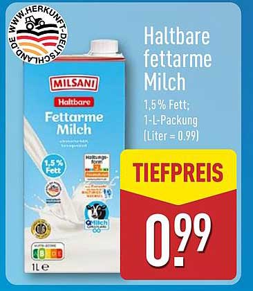 Haltbare fettarme Milch 1,5% Fett - Milsani 1-L-Packung
