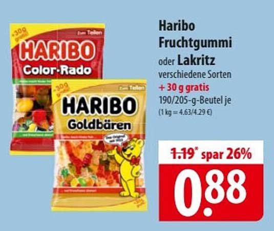 Haribo Fruchtgummi oder Lakritz verschiedene Sorten + 30 g gratis