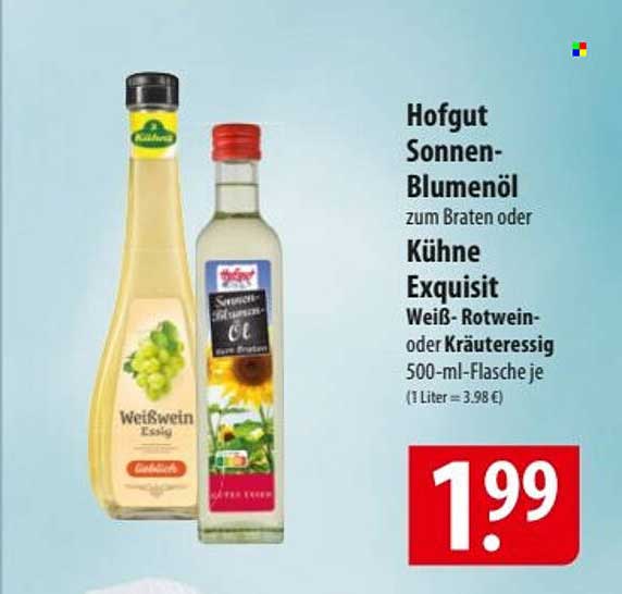 Hofgut Sonnen-Blumenöl zum Braten oder Kühne Exquisit Weiß-, Rotwein- oder Kräuteressig 500-ml-Flasche je